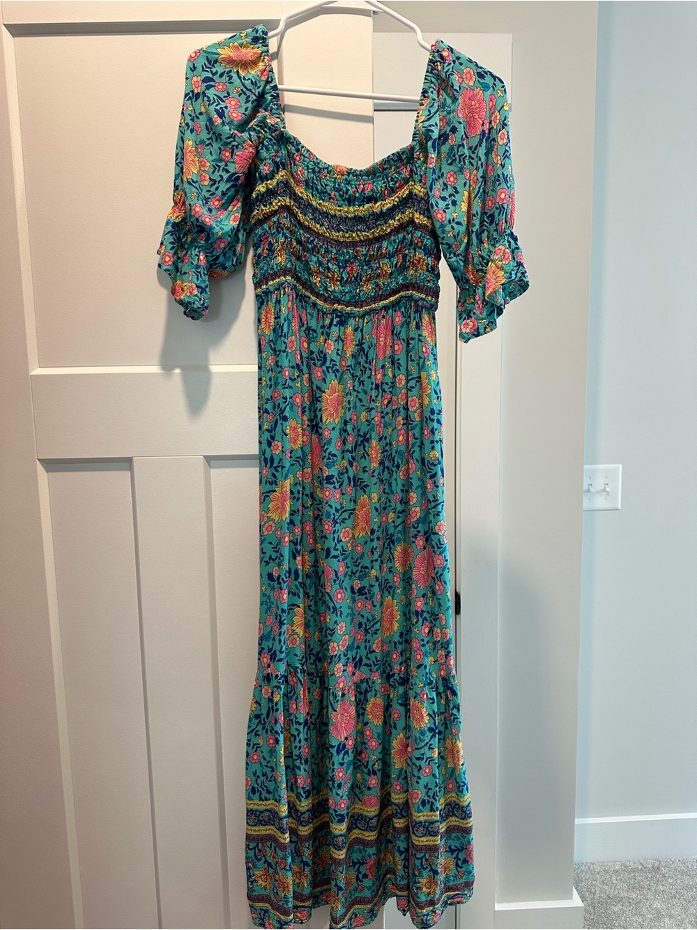 Teal Floral Smocked Maxi